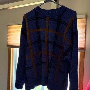 Nine West Blue and Brown Checkered Crewneck Sweater